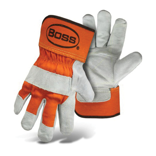 Boss® 1JL2393-XL General Purpose Work Gloves, Gunn Cut with Wing Thumb Style, XL, Double Split Cowhide Leather Palm, Gray/Orange, Rubberized Safety Cuff, Resists: Cut | Groves Industrial