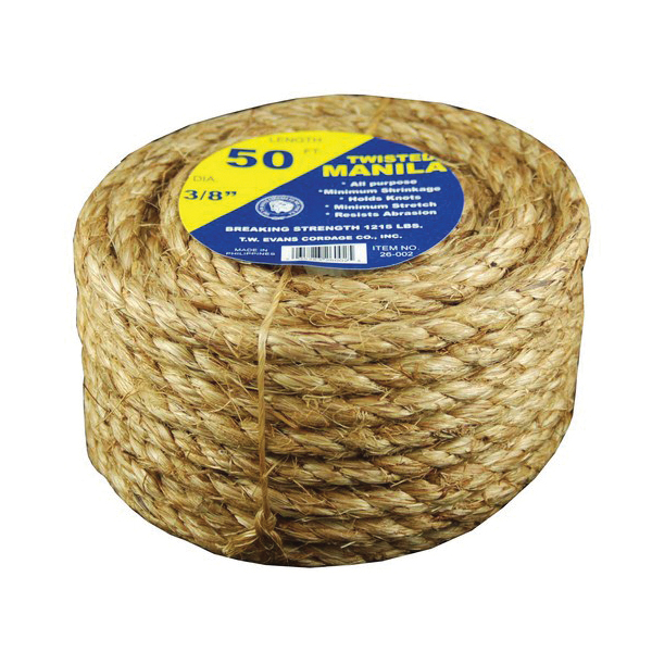 T.W. Evans Cordage 26-023 5-Star Twisted Rope, 1/2 in Dia x 100 ft L,  Brown/Tan, Manila, 360 lb Load